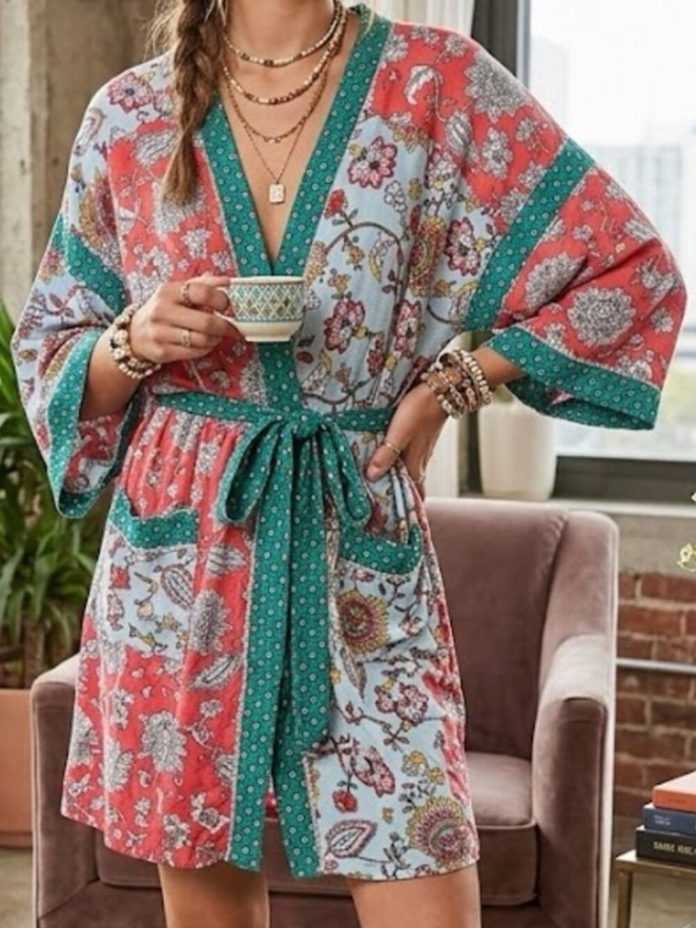 Layla Anthropologie Mixed Print Kimono Robe S/M